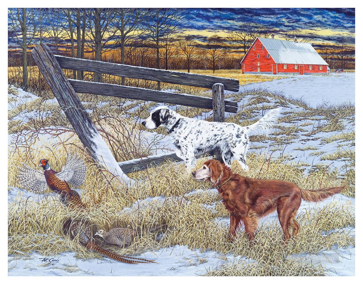 chiens et canard colvert en chiot d’hiver Peintures à l'huile